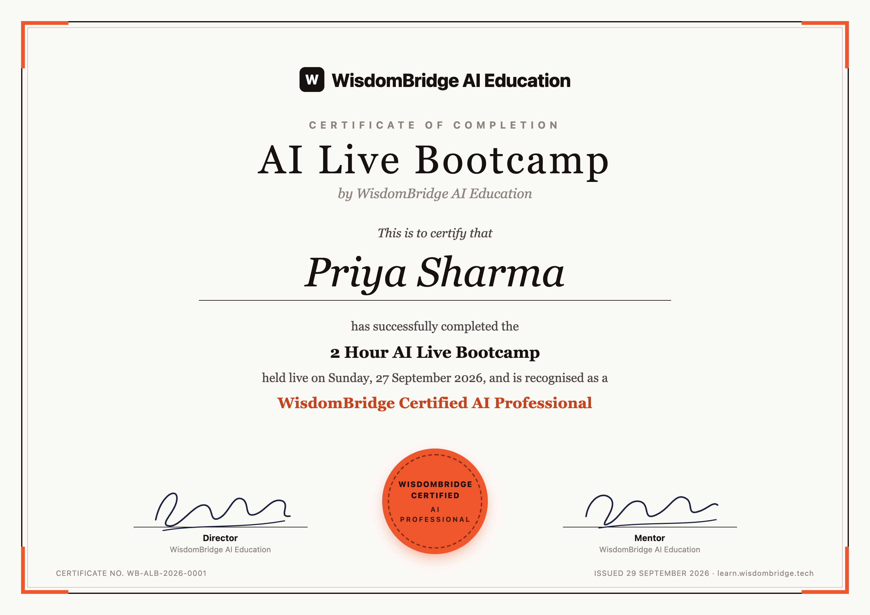 WisdomBridge Certified AI Professional certificate for the 2 Hour AI Live Bootcamp